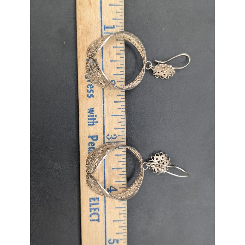 Vintage 925 Silver Large Filigree Flower & Bell Drop Earrings 7.59 Grams - Picture 4 of 7
